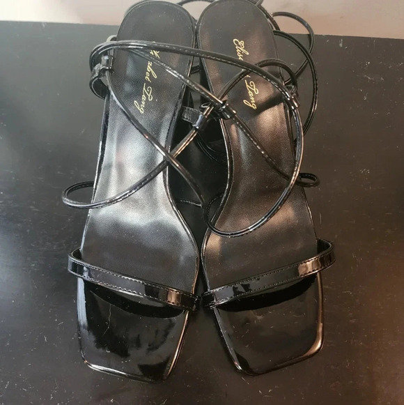 Elisabet Lang Black Patent Leather Lace Up Open Toe Strappy Sandals Shoes Baddie - Picture 6 of 12